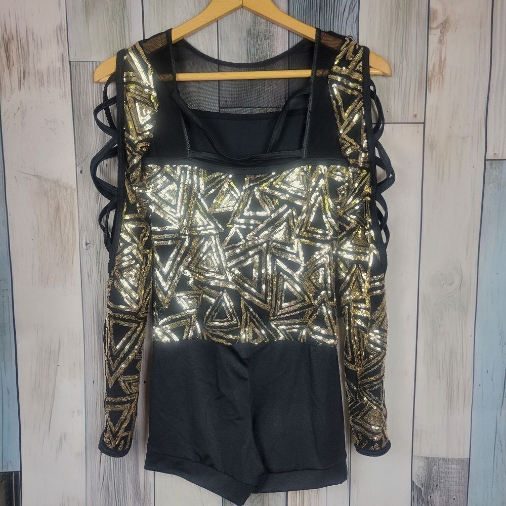 Weissman Black and Gold Geometric Sequin Unitard Dance Acro Costume size SA - Picture 4 of 6